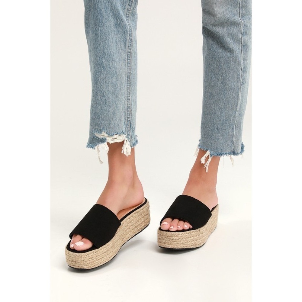 Lulus O'ahu 2 Black Suede Espadrille Flatforms - Size 6.5